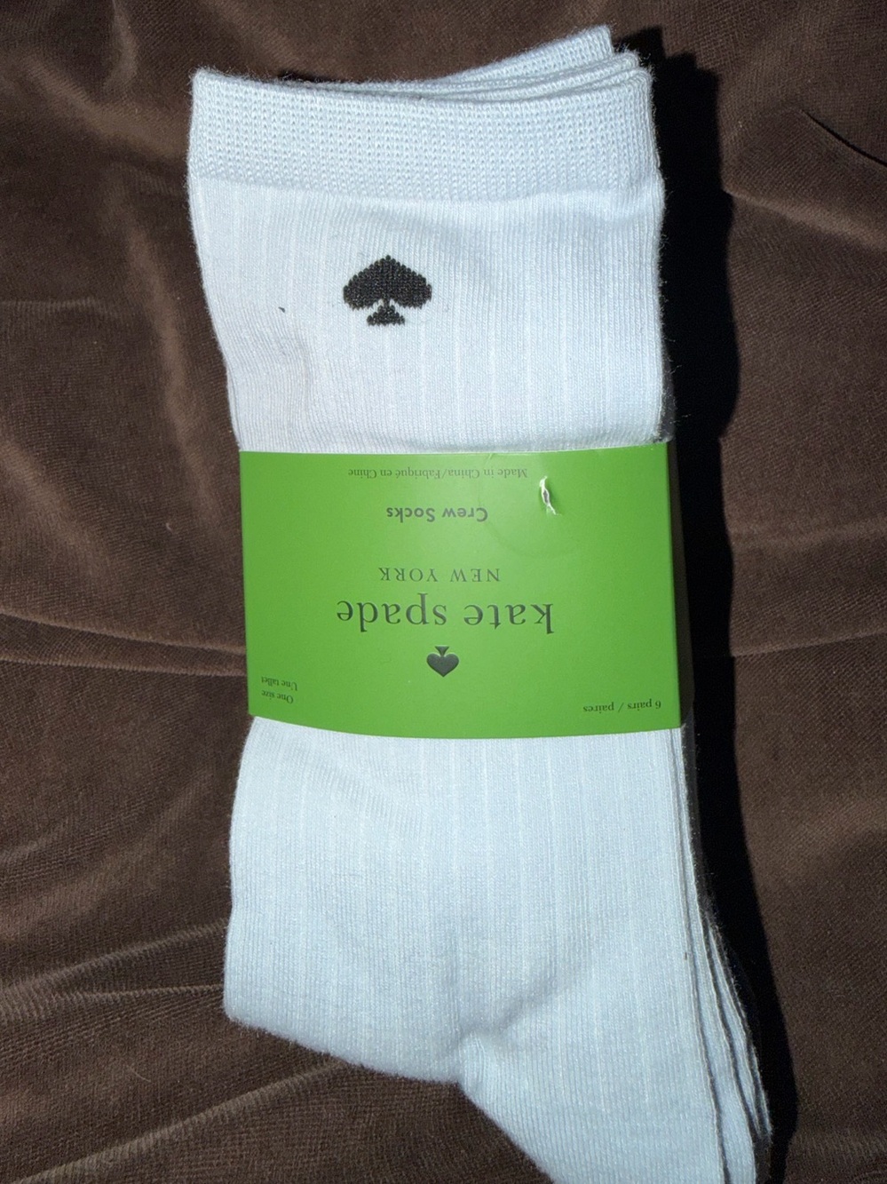 Ladies Kate Spade 6 pack  Crew Socks with Black Spade Logo nwt